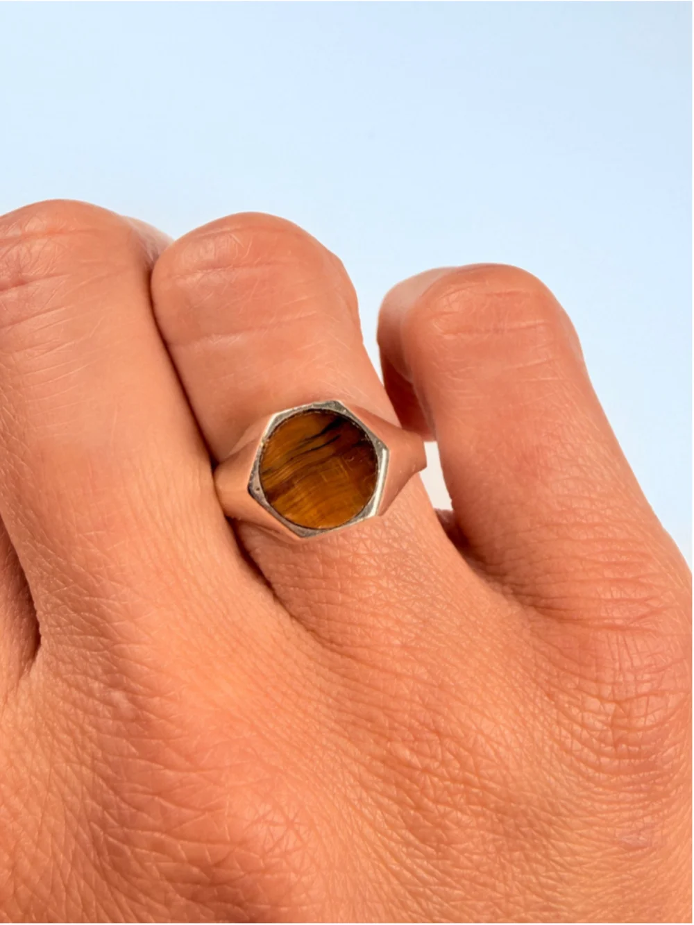 Modernist Tiger Eye Signet Octagon 925 Sterling Silver Streamline Ring Mexico